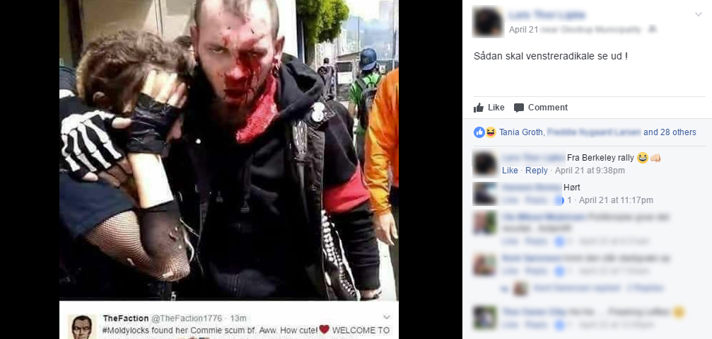 Billedet i statusopdateringen stammer fra en demonstration i Berkeley, Californien den 15. april, hvor antifascister stødte sammen med en blanding af alt-right demonstranter, heilende nynazister og Trump-støtter. (Screenshot fra Facebook)