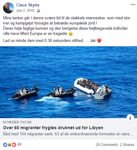 Her ses Claus Skyttes Facebook opslag fra den 2. juni 2018. Screenshot.
