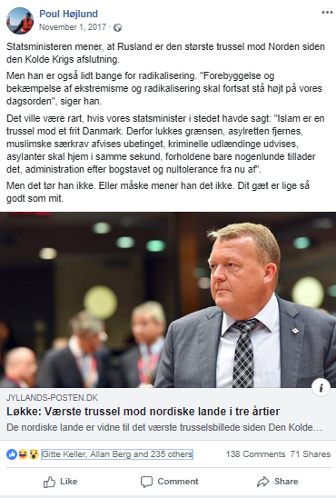 Poul Højlunds Facebook opslag fra den 1. november 2017. Screenshot.