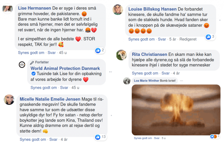 Et lille udsnit af de mange racistiske kommentarer på danske dyrerettighedsorganisationers facebooksider.