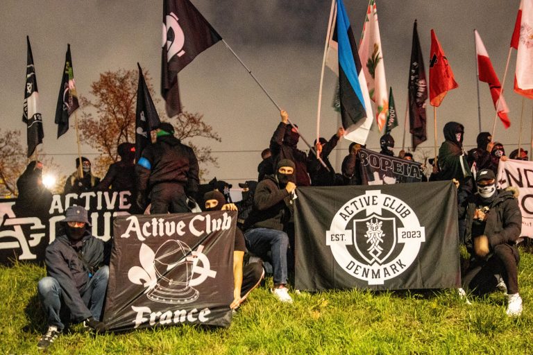 Active Club Denmark ses her til demonstration i Warszawa i forbindelse med den polske uafhængighedsdag i november 2023.