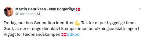 Martin Henriksen skrev selv om sin deltagelse i Generation identitærs fredagsbar på Twitter den 28. januar 2022. Screenshot.