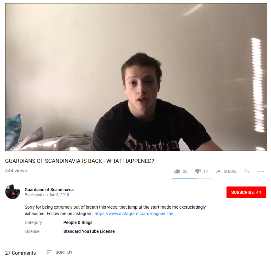Ældre screenshot fra den nazistiske Youtube-kanal Guardians of Scandinavia.