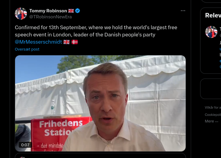 Tommy Robinson annoncerede Morten Messerschmidt som taler i et opslag på X den 1. juli. Screenshot.