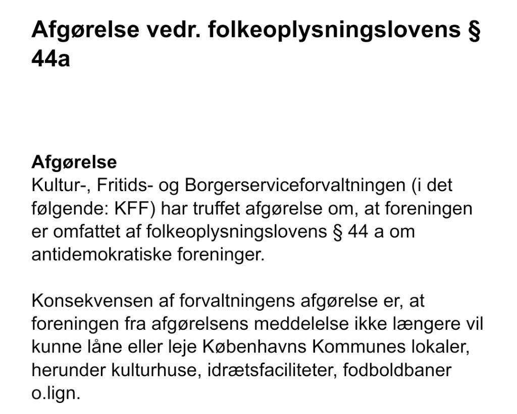 Københavns Kommune har afgørelsen besluttet at Folkets Flamme, er en antidemokratisk forening, og derfor kan nægtes at bruge kommunale faciliteter. Screenshot.