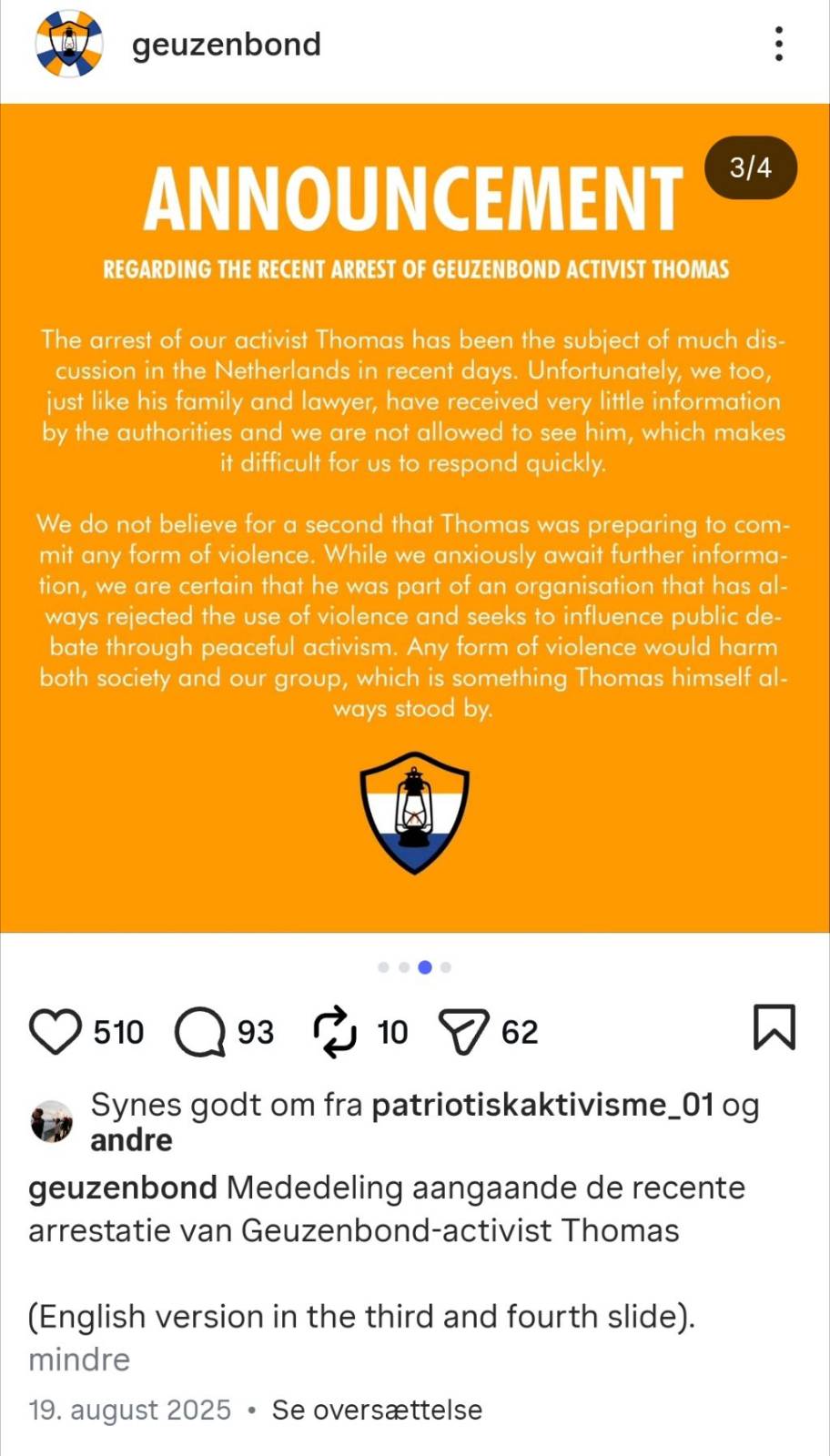 Generation Identitær likede i august 2025 et opslag på Instagram, om Thomas Devesons våbensag, fra deres officielle Instragra-profil “patriotiskaktivisme_01”. Screenshot.