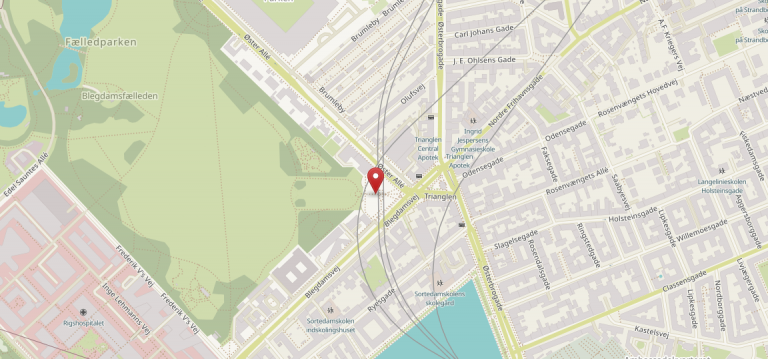 Demonstrationen starter på Ingrid Jespersens Plads ved Trianglen på Østerbro i København. (Screenshot: OpenStreetMap)