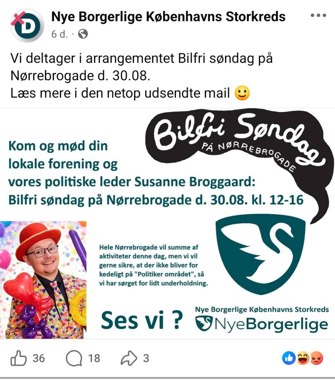 Nye Borgerlige København annoncerede deres deltagelse i Bilfri By-arrangementet på Facebook. Screenshot.