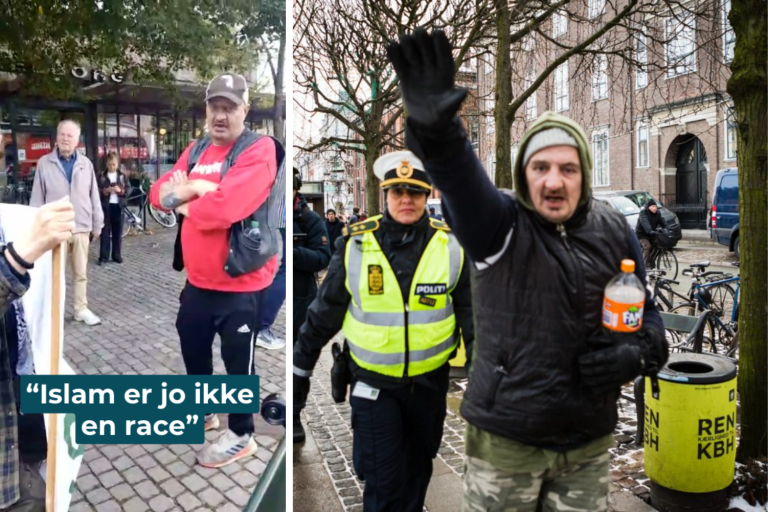 Jørgen Grønhøj på videoen fra 5. september. På billedet til højre ses han heile ved en tidligere demonstration i 2018.