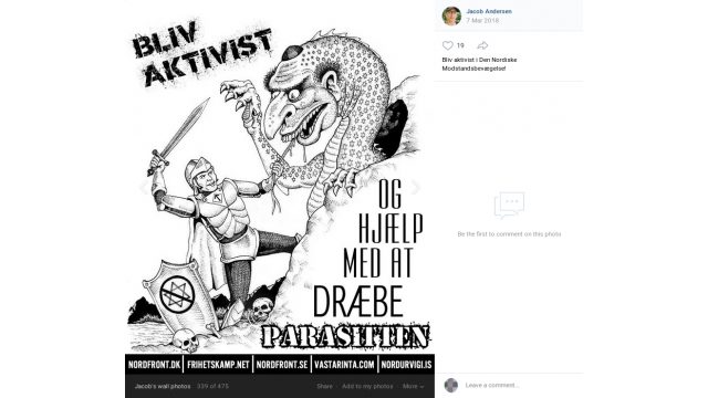 Ved den 7. marts 2018 at dele et billede med motiv af en soldat iført brynje med en tyrrune og med et skjold med en davidstjerne som er overstreget, der med sit sværd peger mod en karikatur af en jøde, karikeret som en drage med jødenæse og kalot, hvortil der til billedet står: "BLIV AKTIVIST OG HJÆLP MED AT DRÆBE PARASITTEN", ligesom der henvises til flere hjemmesider blandt andet nordfront.dk, og hvor han han i kommentaren til billedet skrev: Bliv aktivist i Den Nordiske Modstandsbevægelse". Ved den 7. marts 2018 at dele et billede med motiv af en soldat iført brynje med en tyrrune og med et skjold med en davidstjerne som er overstreget, der med sit sværd peger mod en karikatur af en jøde, karikeret som en drage med jødenæse og kalot, hvortil der til billedet står: "BLIV AKTIVIST OG HJÆLP MED AT DRÆBE PARASITTEN", ligesom der henvises til flere hjemmesider blandt andet nordfront.dk, og hvor han han i kommentaren til billedet skrev: Bliv aktivist i Den Nordiske Modstandsbevægelse".