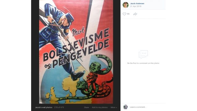Ved den 21. april 2018 at dele et billede med motiv af en soldat, der med sit gevær peger mod nogle karikaturer af jøder, karikeret som slanger, hvor der ses davidstjerner, hammer- og segl-symboler og dollartegn påskrevet slangerne, og hvor der står: "Mot BOLSJEVISME og PENGEVELDE". Ved den 21. april 2018 at dele et billede med motiv af en soldat, der med sit gevær peger mod nogle karikaturer af jøder, karikeret som slanger, hvor der ses davidstjerner, hammer- og segl-symboler og dollartegn påskrevet slangerne, og hvor der står: "Mot BOLSJEVISME og PENGEVELDE".