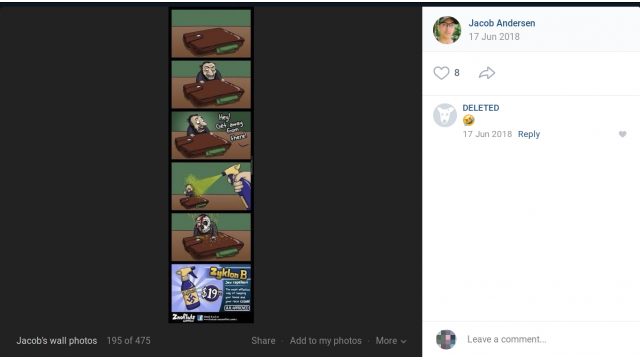 Ved den 17. juni 2018 at dele et billede med motiv af en tegneserie, hvor der sidder en karikatur af en jøde ved et bord, hvortil der er tilknyttet teksten, oversat til dansk: "Hallo! Gå væk derfra!", og hvor det ses, at jøden bliver sprøjtet med "Zyklon B", ligesom der der i sidste billede af tegneserien ses en sprayflaske påskrevet "Zyklon B" med påtrykt hagekors, og ligesom der i tekst oversat til dansk står: "Middel mod jøder. Den mest effektive måde, som du kan holde dit hus og din race RENE på! Godkendt af A.H.". Ved den 17. juni 2018 at dele et billede med motiv af en tegneserie, hvor der sidder en karikatur af en jøde ved et bord, hvortil der er tilknyttet teksten, oversat til dansk: "Hallo! Gå væk derfra!", og hvor det ses, at jøden bliver sprøjtet med "Zyklon B", ligesom der der i sidste billede af tegneserien ses en sprayflaske påskrevet "Zyklon B" med påtrykt hagekors, og ligesom der i tekst oversat til dansk står: "Middel mod jøder. Den mest effektive måde, som du kan holde dit hus og din race RENE på! Godkendt af A.H.".