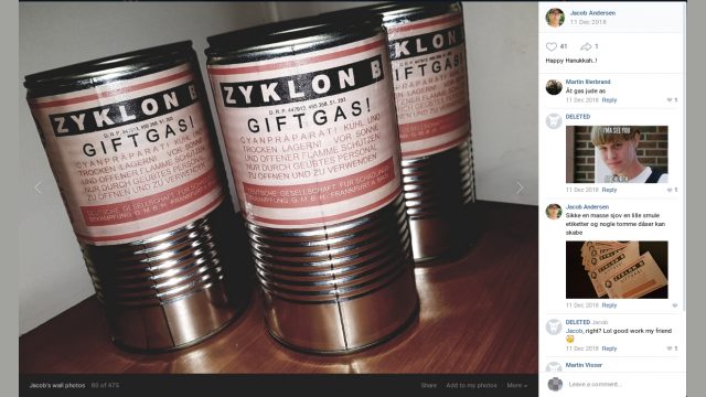 Ved den 11. december 2018 at have delt et billede med motiv af tre "Zyklon B Giftgas!" dåser, og med tilhørende kommentar til opslaget, hvori der oversat til dansk stod "Glædelig Hanukkah..!" Ved den 11. december 2018 at have delt et billede med motiv af tre "Zyklon B Giftgas!" dåser, og med tilhørende kommentar til opslaget, hvori der oversat til dansk stod "Glædelig Hanukkah..!"