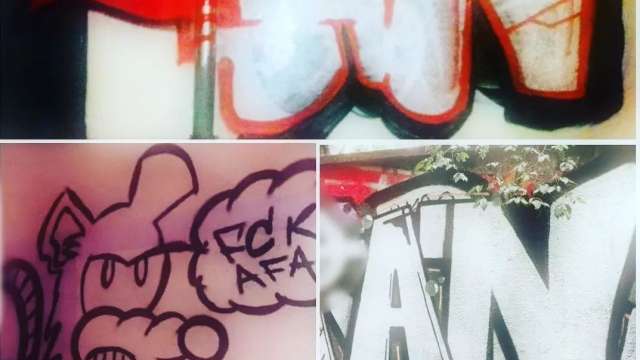 Her liker Sigfred et opslag med billeder af grafitti, hvor i der indgår et keltisk kors.